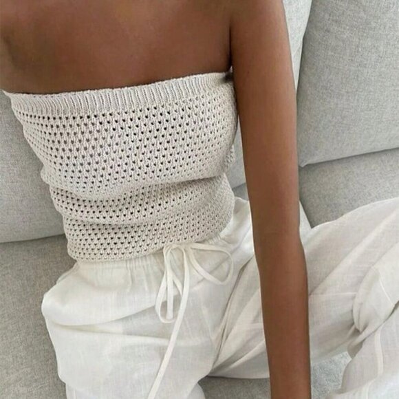 . Tops - White Casual Women's Fashionable Sexy Hollow Out Vacation Style Knitted Tank Top